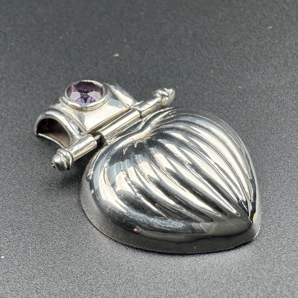 Italian 925 Sterling Silver Puffed Fluted Heart Hinge Pendant SU Amethyst